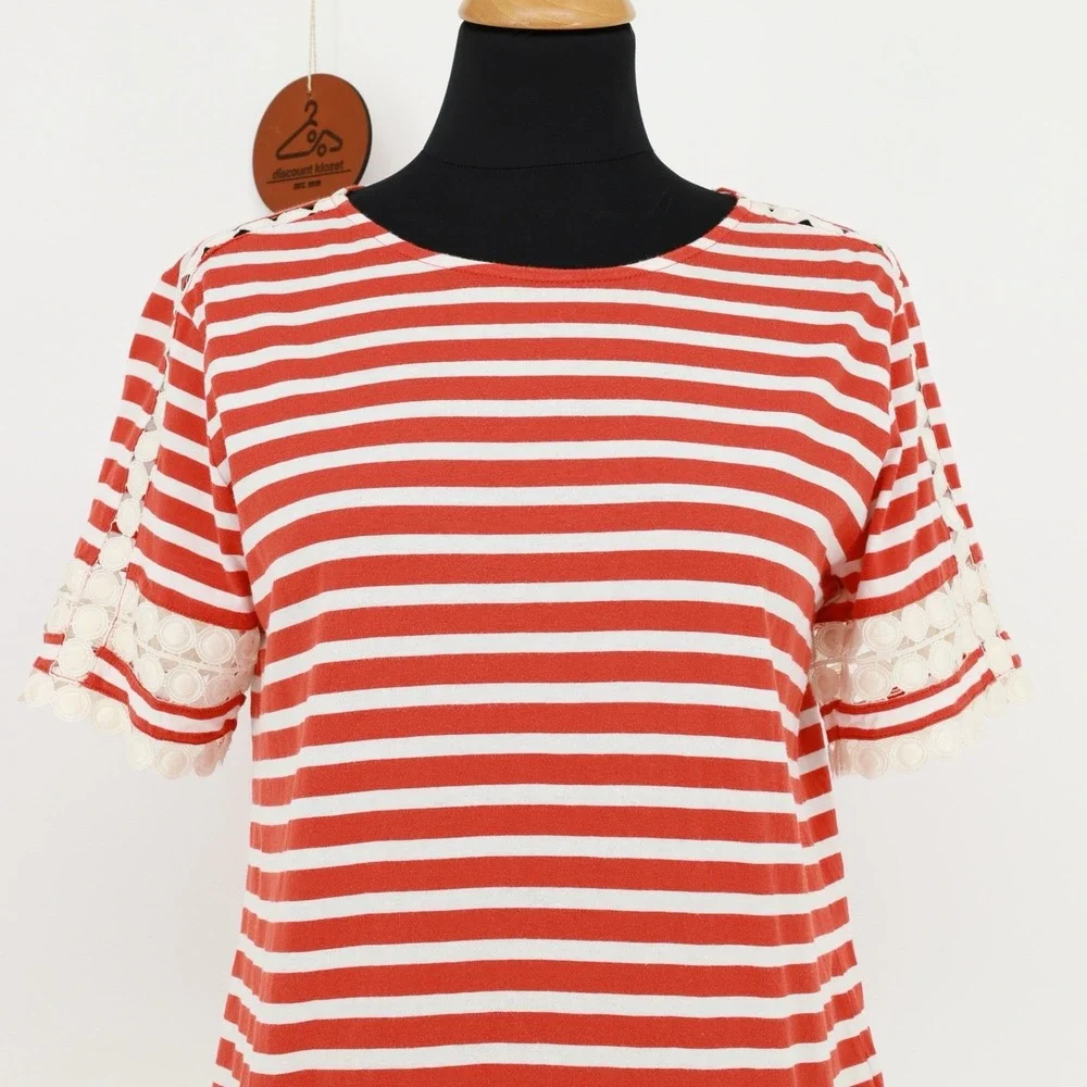 J. Crew Red White Stripe Lace Short Sleeve Crewneck Pullover Cotton Top F7534 XS